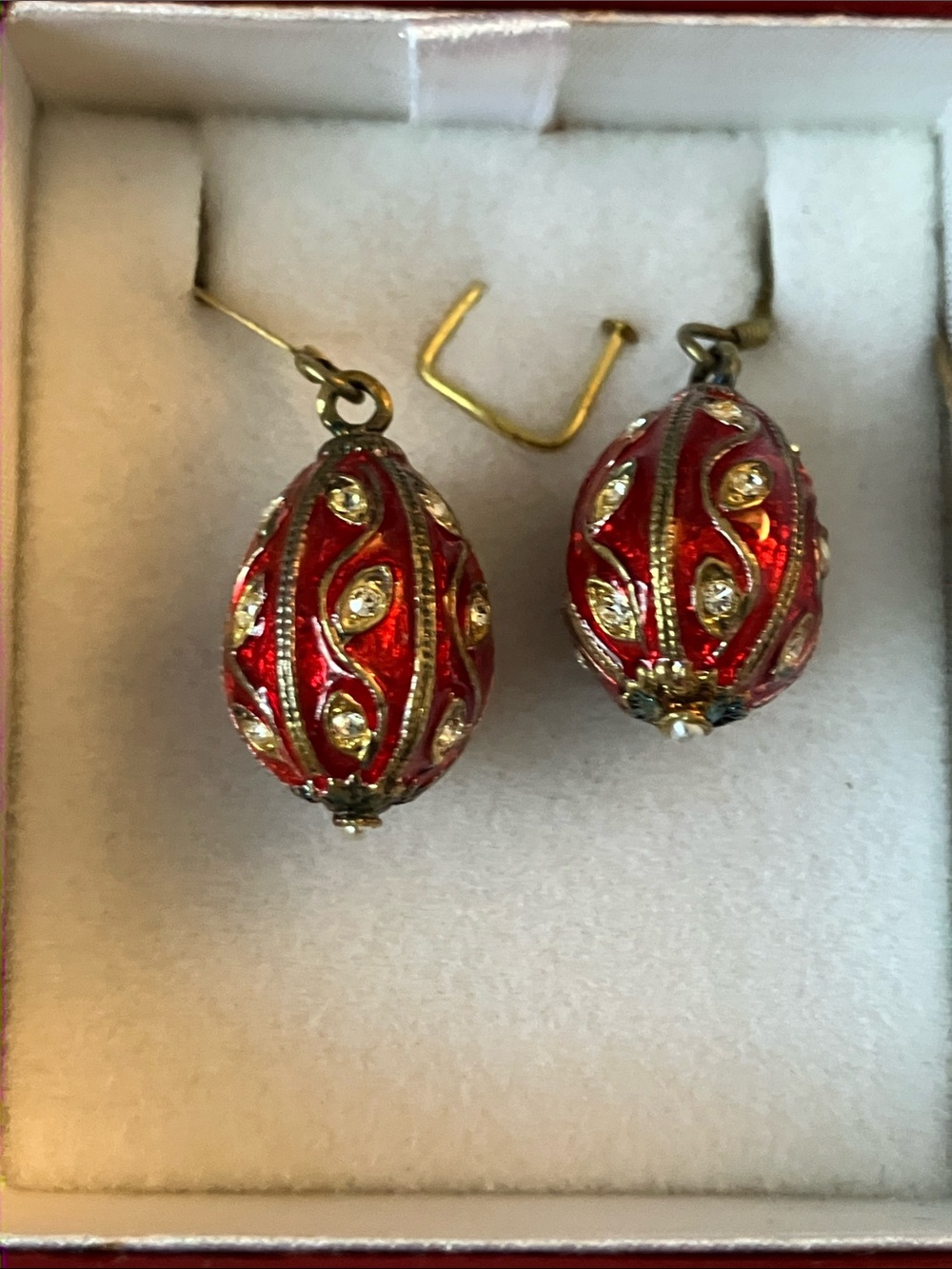 Red Fabrege-style Drop Earrings with Gold-Tone Filigree and Crystal Accents